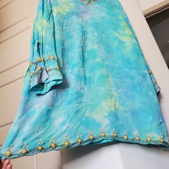 Roaman's Blue Tie Dye Beaded Chiffon Dress - Picture 6 of 14